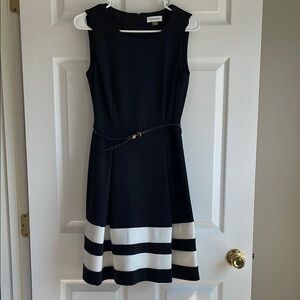 Calvin Klein Black and White Striped Midi Dress
